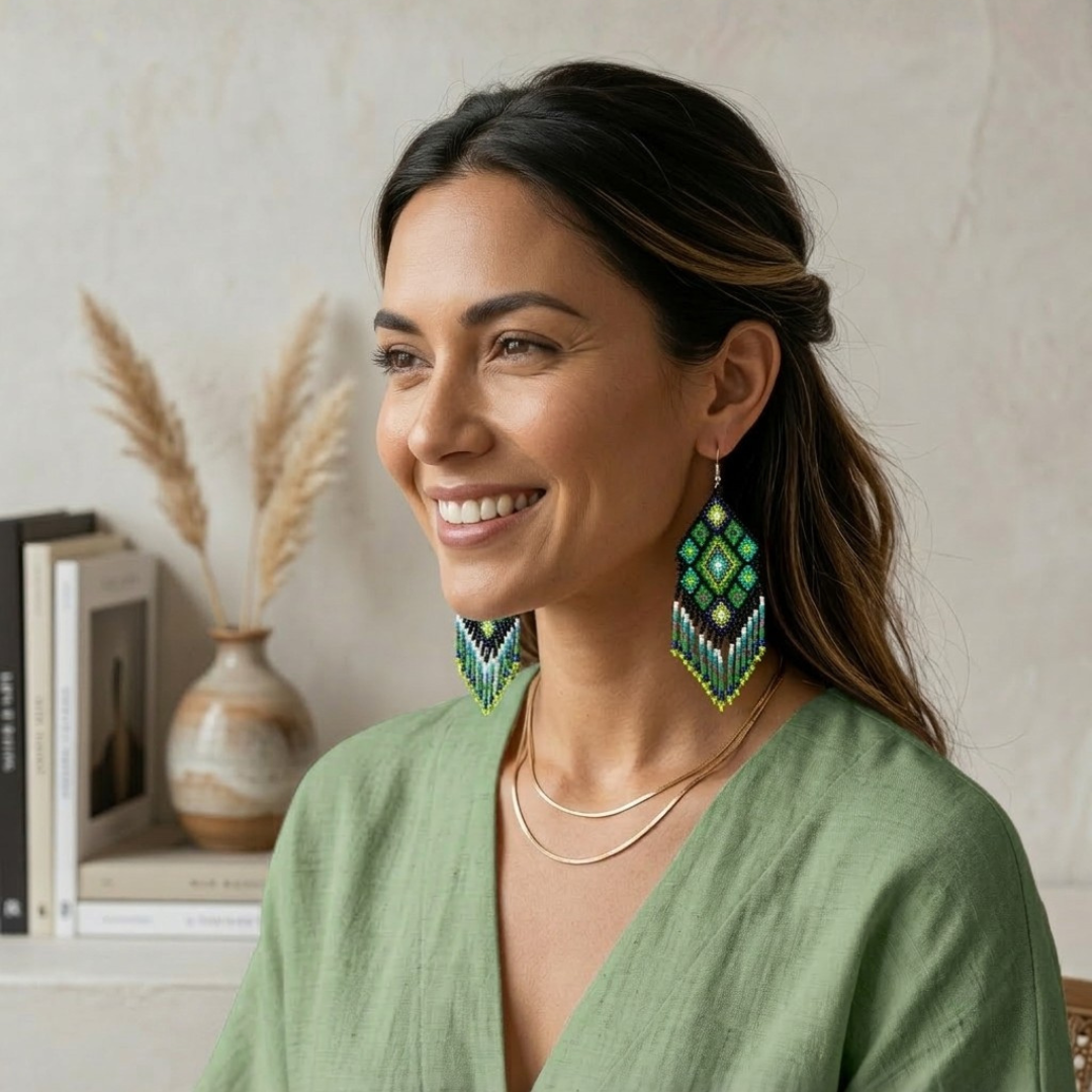Flor Geometric Seed Bead Boho Fringe Earrings - Guatemala
