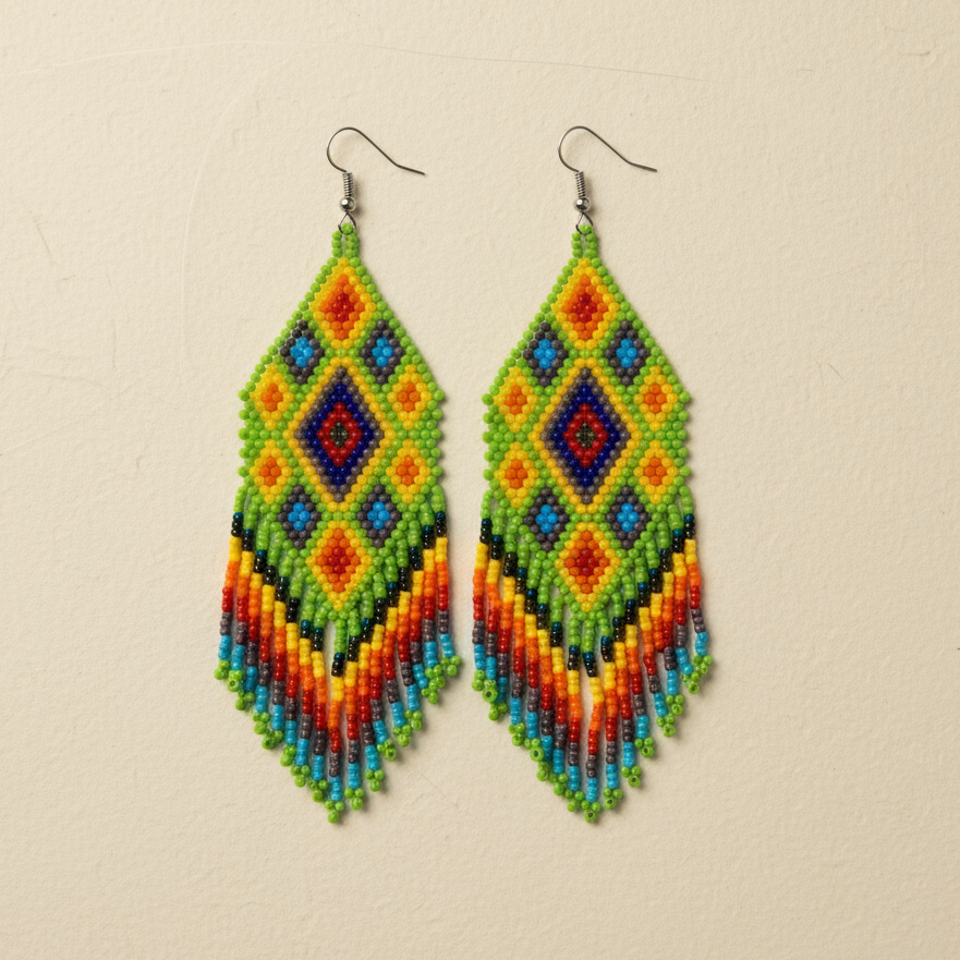 Flor Geometric Seed Bead Boho Fringe Earrings - Guatemala