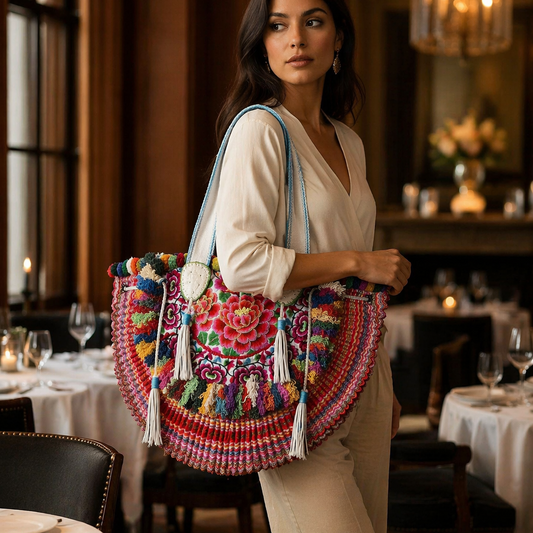 Embroidered Half Moon Ibiza Leather Tote Pom Pom Bag – Thailand