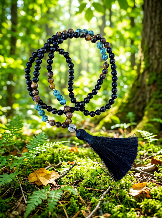 Obsidian & Tiger Eye Mala Necklace – Handmade Meditation Beads with Tassel – Boho Spiritual Yoga Jewelry
