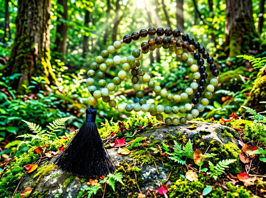 Forest Sage Mala Necklace – Green Jade Meditation Beads with Tassel – Handmade Spiritual Yoga Jewelry Gift