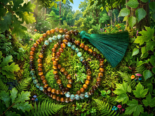 Tiger Eye & Turquoise Mala Necklace – Handmade Meditation Beads with Green Tassel – Boho Spiritual Jewelry
