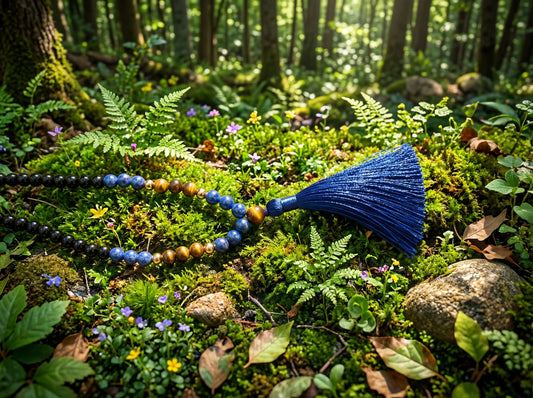 Lapis & Tiger Eye Mala Necklace – Blue Gemstone Meditation Beads with Tassel – Handmade Boho Spiritual Jewelry