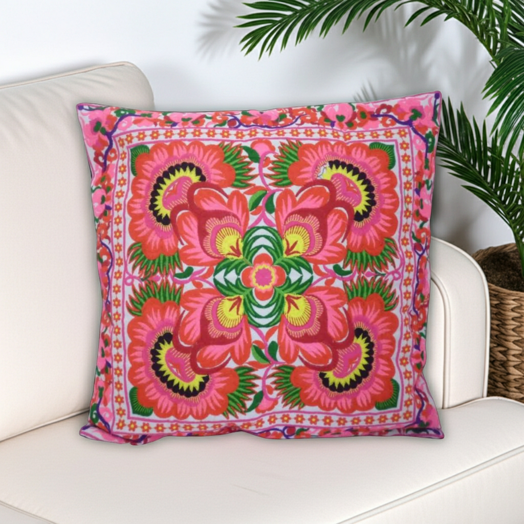 Frida Flower Embroidered Mexican Flower Boho Cushion - Thailand