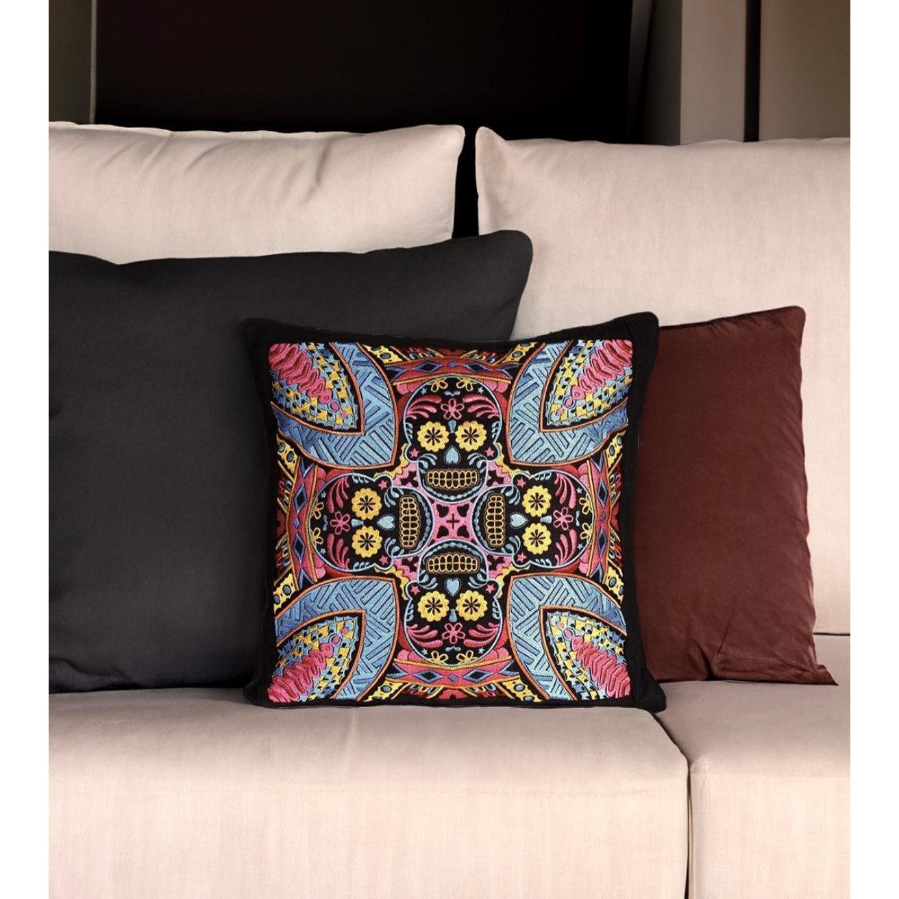 Skull Embroidered Dia de los Muertos Pillow Cover - Thailand