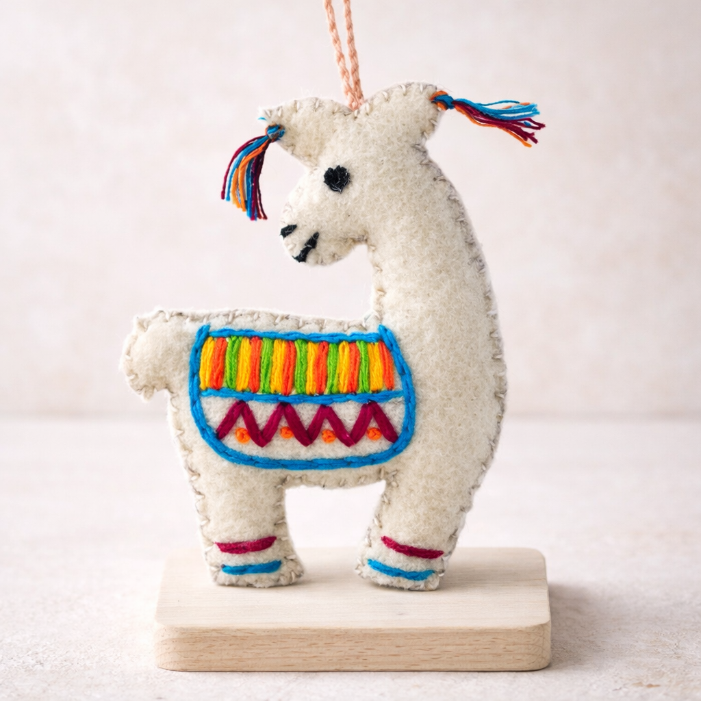 Llama Felted Embroidered Wool Handmade Ornament - Mexico