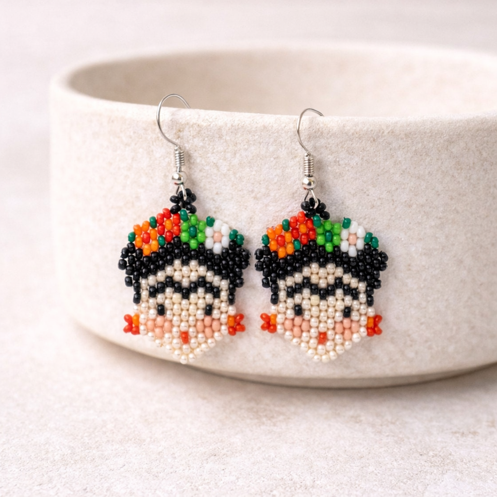 Frida Kahlo Seed Bead Artistic Earrings - Guatemala