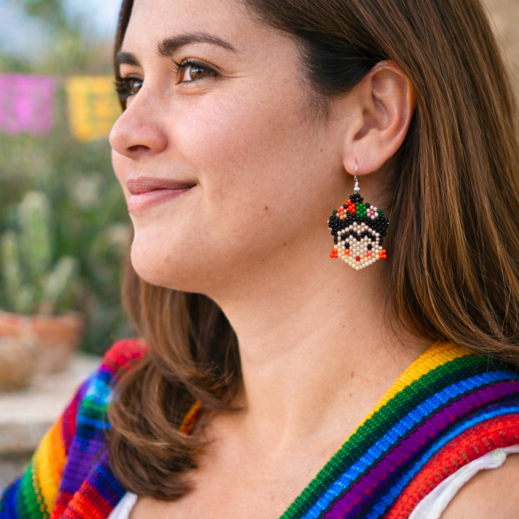 Frida Kahlo Seed Bead Artistic Earrings - Guatemala