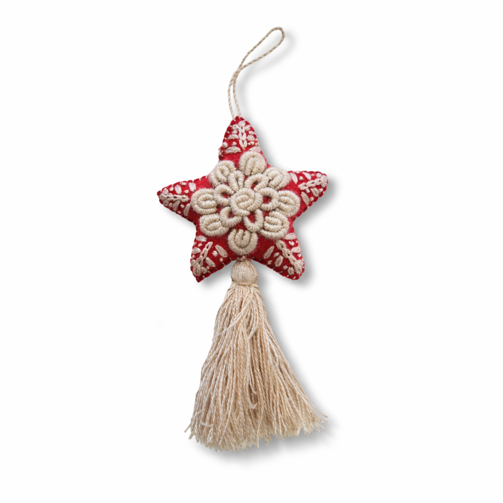 Red Star Embroidered Felted Wool Handmade Ornament - Mexico