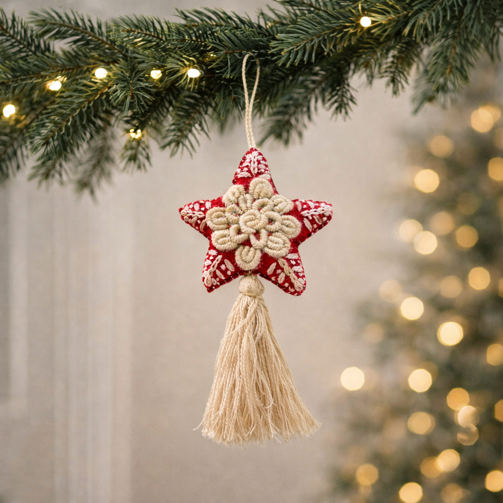 Red Star Embroidered Felted Wool Handmade Ornament - Mexico