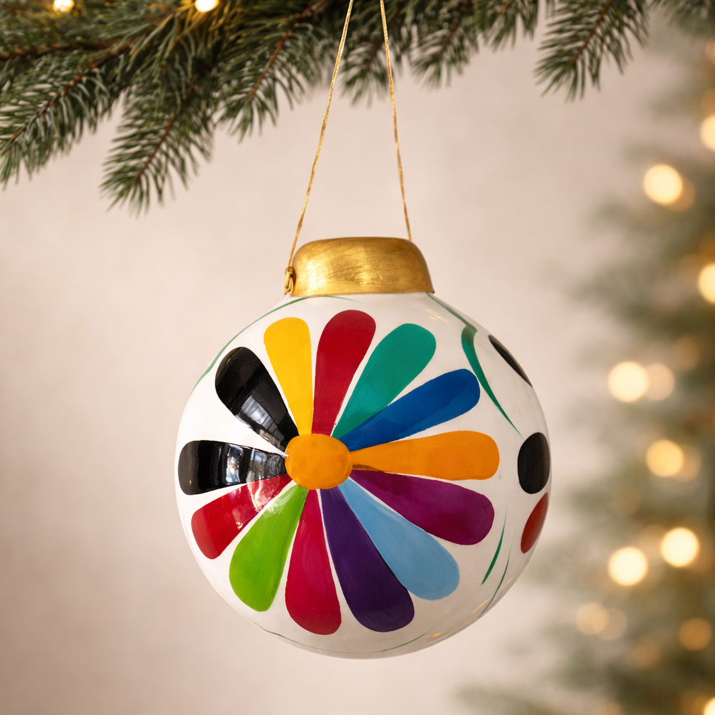 Hand-Painted Ceramic Colorful Sphere Boho Flower Ornament - Mexico