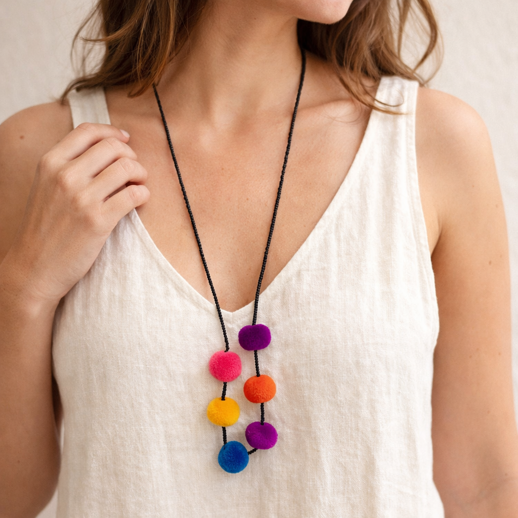 Alicia Bead & Pom Pom Multicolor Boho Necklace - Guatemala