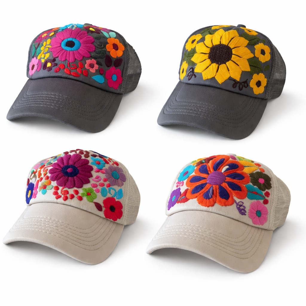Tulum Hand Embroidered Trucker Flower Hat - Mexico