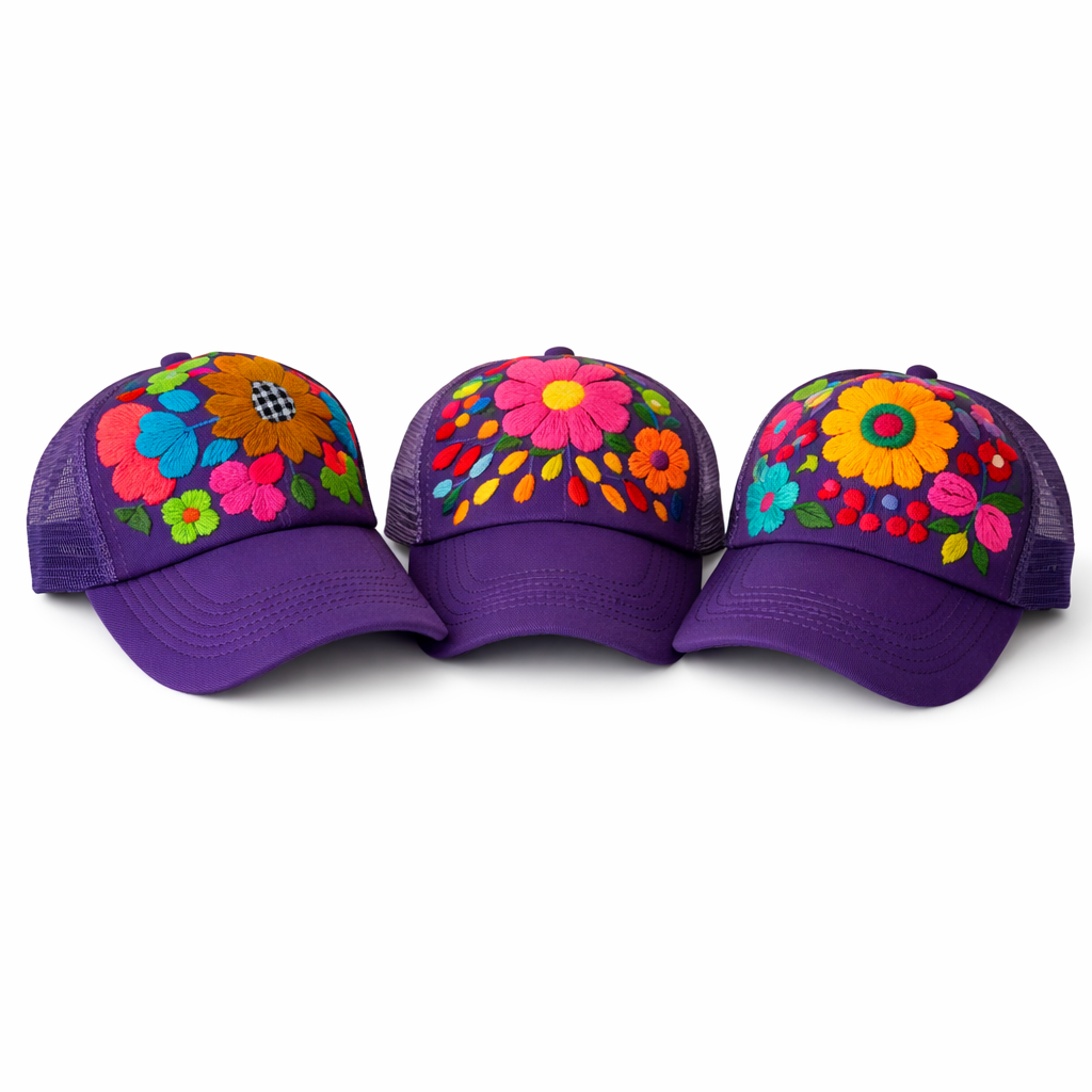 Tulum Hand Embroidered Trucker Flower Hat - Mexico