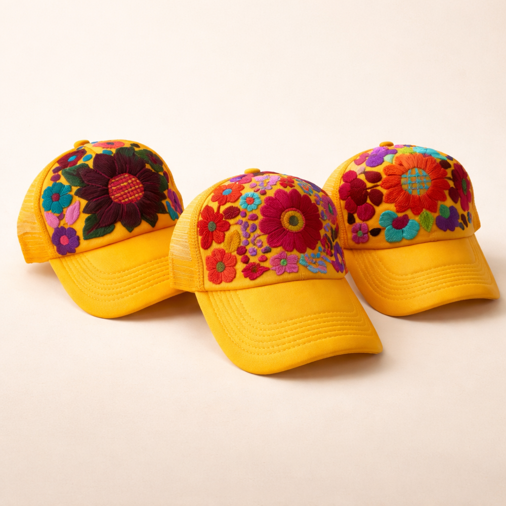 Tulum Hand Embroidered Trucker Flower Hat - Mexico