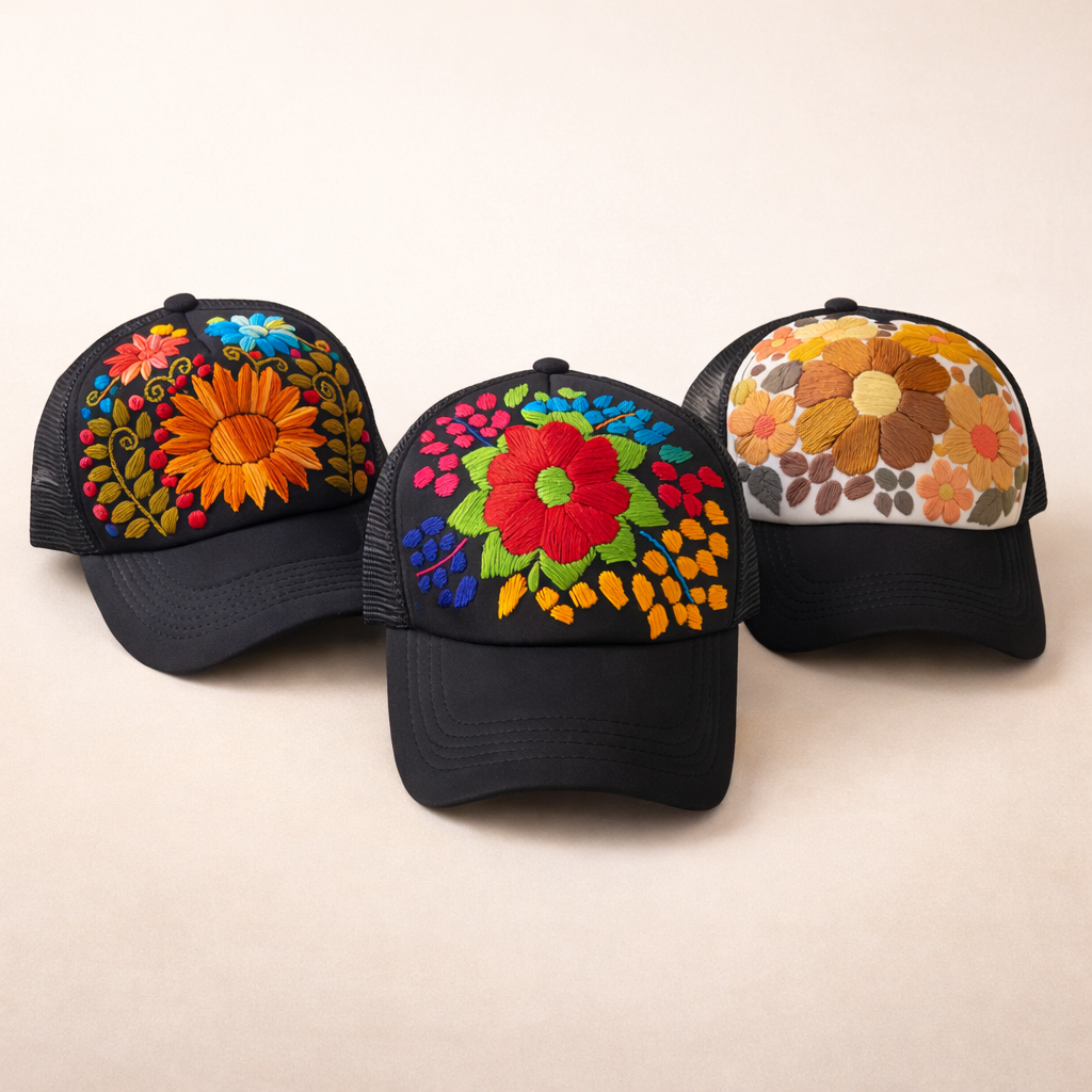 Tulum Hand Embroidered Trucker Flower Hat - Mexico