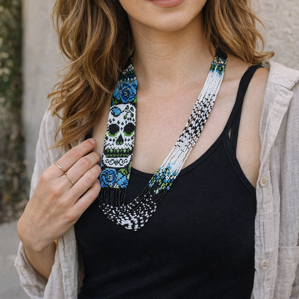 Sugar Skull | Catrina Seed Bead Handcrafted Slip on Necklace - Guatemala