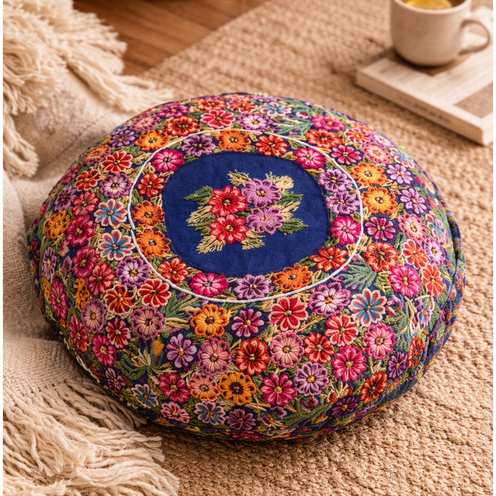 Up-cycled Moon Floral Huipil One-of-a-Kind Round Boho Pillow Cover - Guatemala