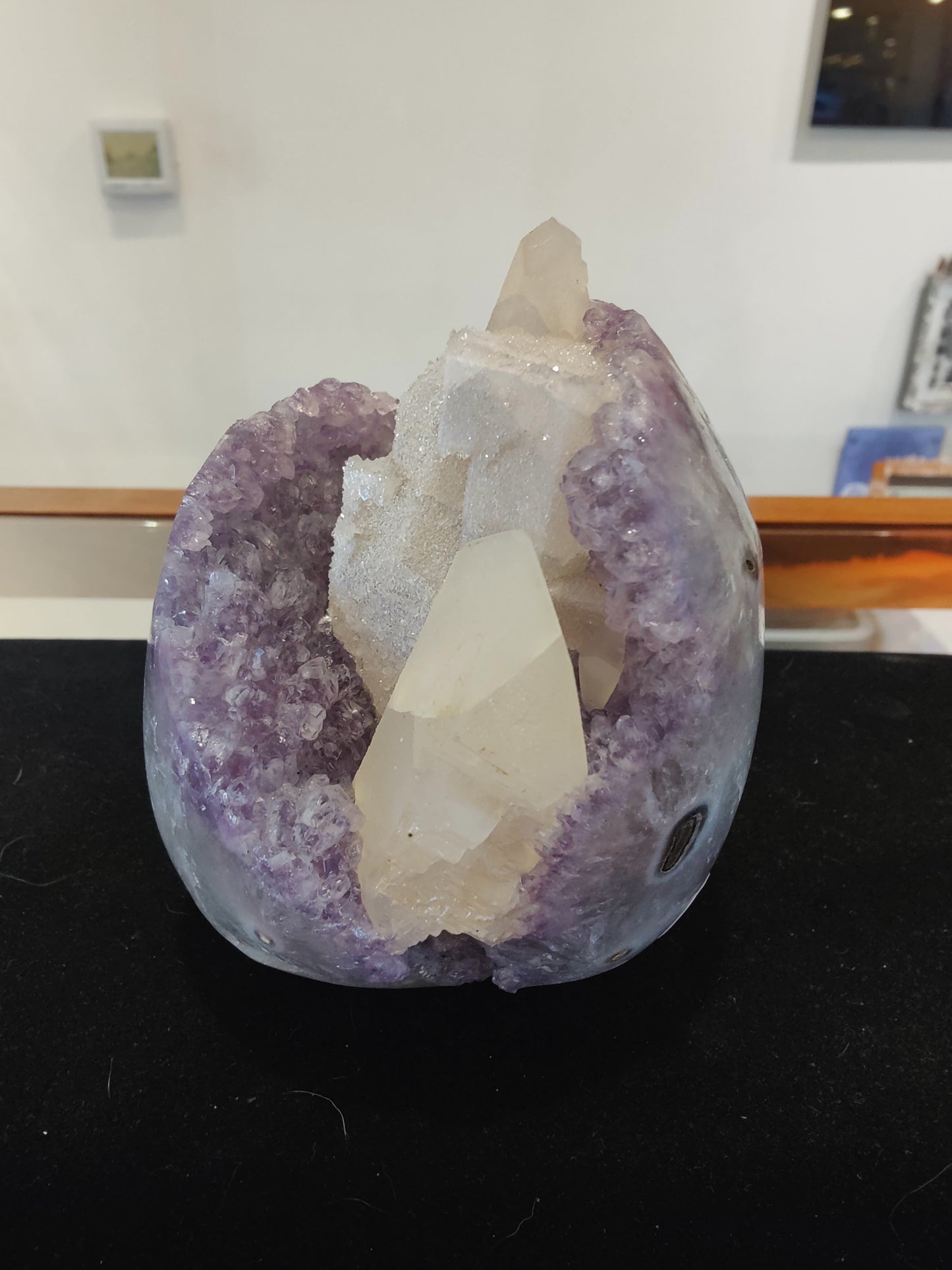 Amethyst with Calcite Crystal Inclusions Geode Sculpture
