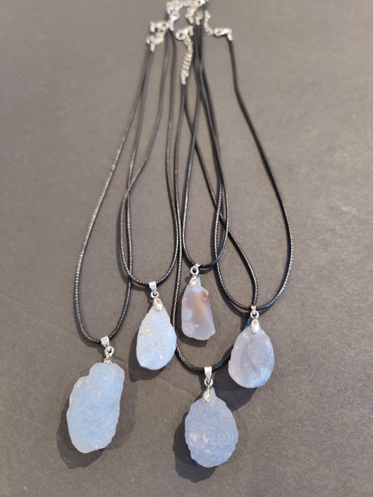 Blue Chalcedony Gobi Desert Raw Stone Pendant with Cord Necklace 18"