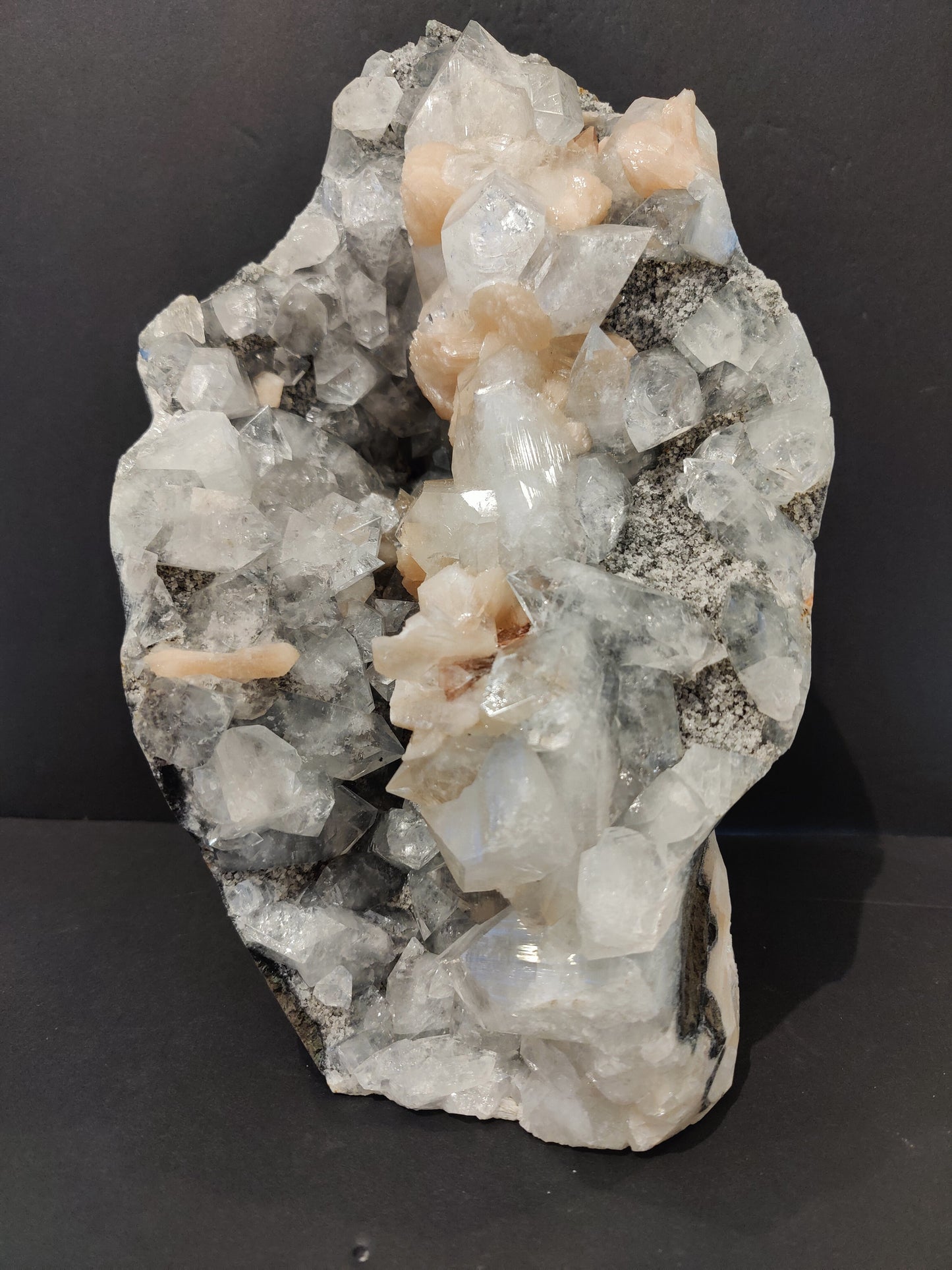 Clear Apophyllite with Peach Stilbite Cabinet Specimen 7,825g