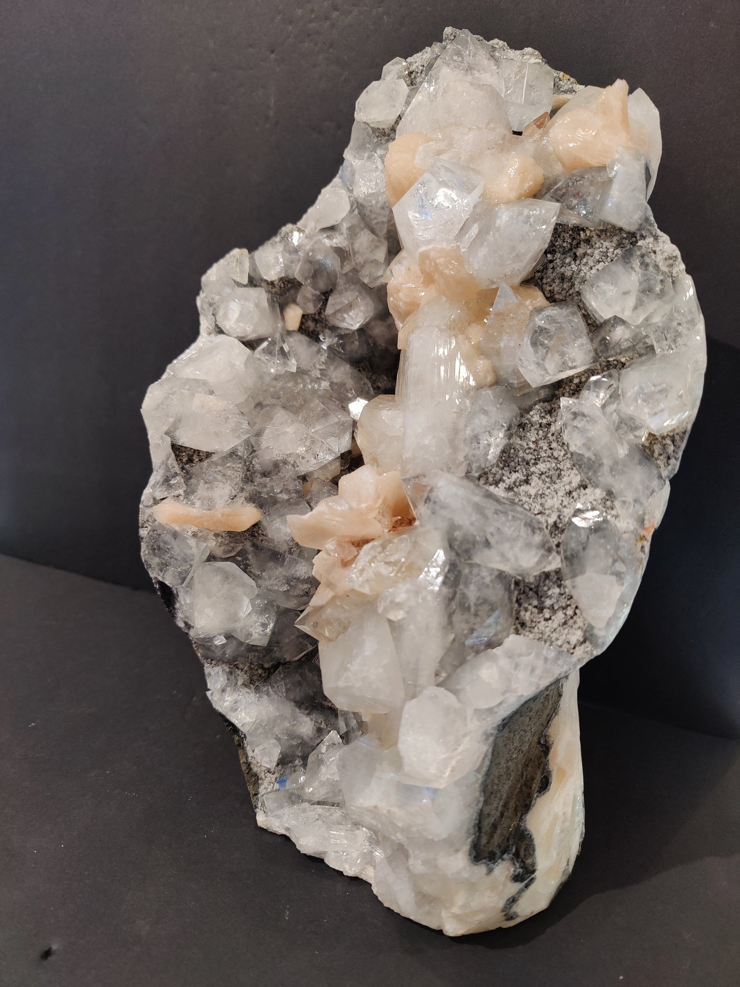 Clear Apophyllite with Peach Stilbite Cabinet Specimen 7,825g
