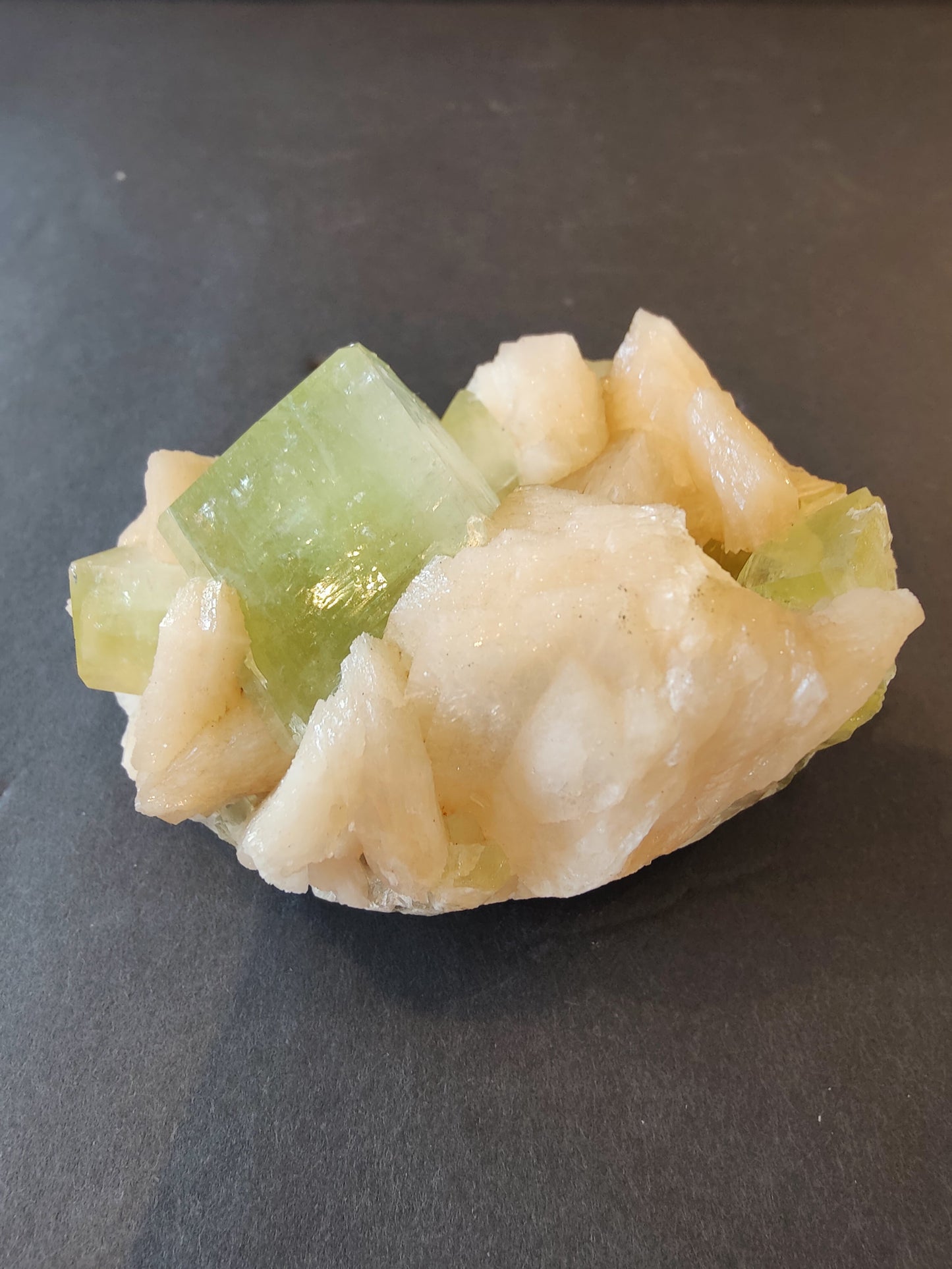 Green Apophyllite Cubes with Peach Stilbite Specimen 322g