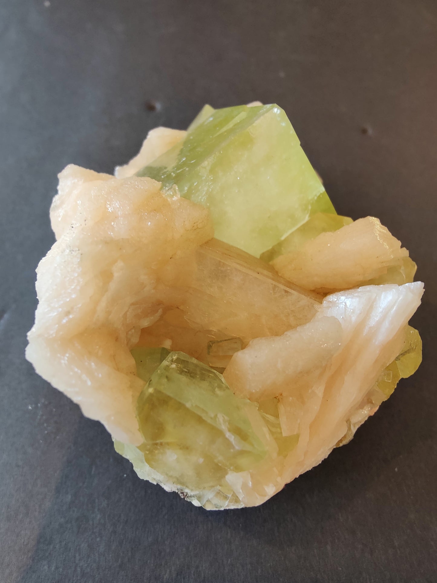 Green Apophyllite Cubes with Peach Stilbite Specimen 322g