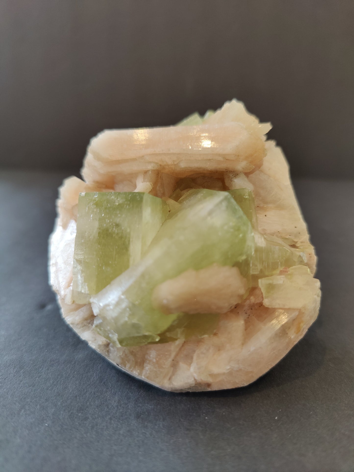 Green Apophyllite Cubes with Peach Stilbite Specimen 410g