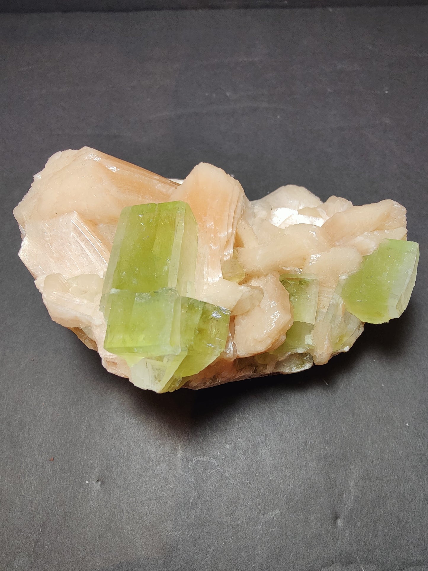 Green Apophyllite Cubes with Peach Stilbite Specimen 717g