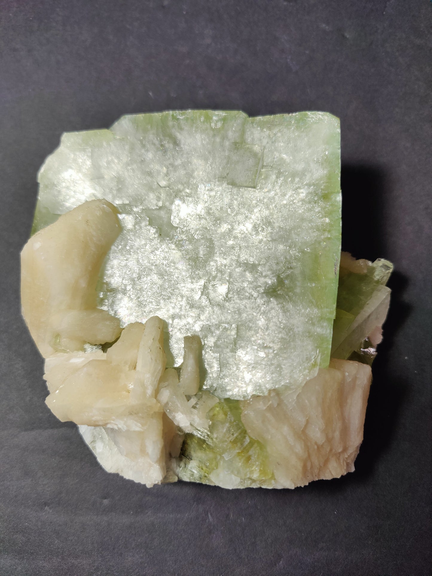 Green Apophyllite Cube with Peach Stilbite Specimen 758g