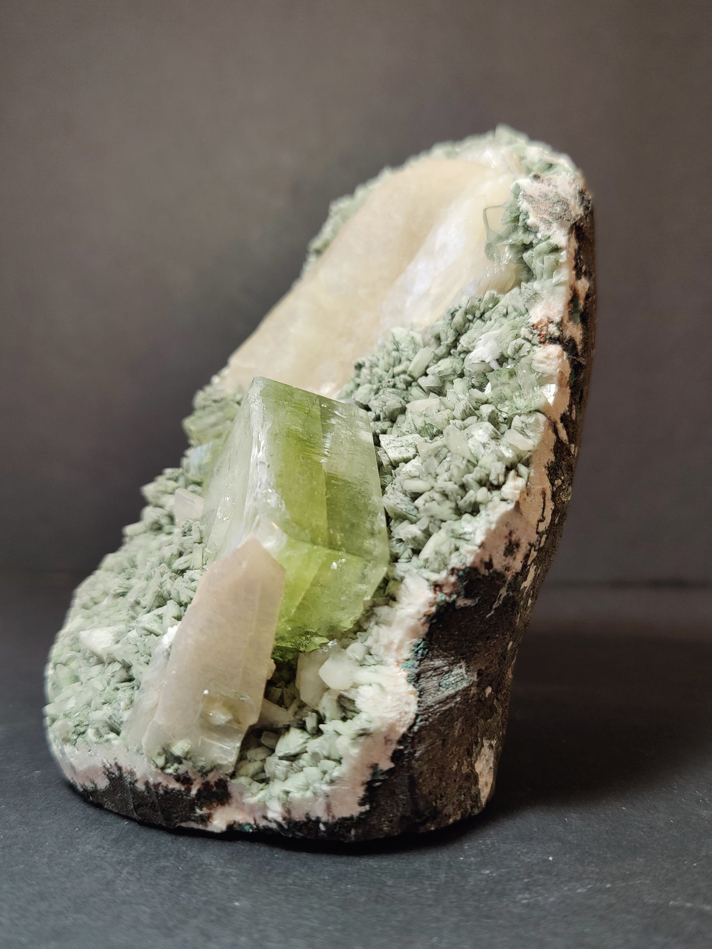 Green Apophyllite Cubes with Peach Stilbite on Heulandite Specimen 730g