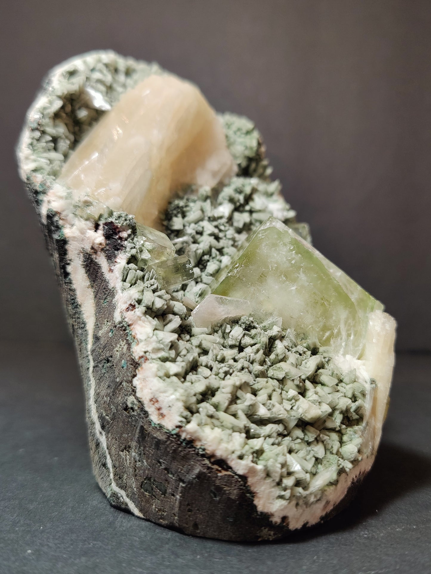 Green Apophyllite Cubes with Peach Stilbite on Heulandite Specimen 730g