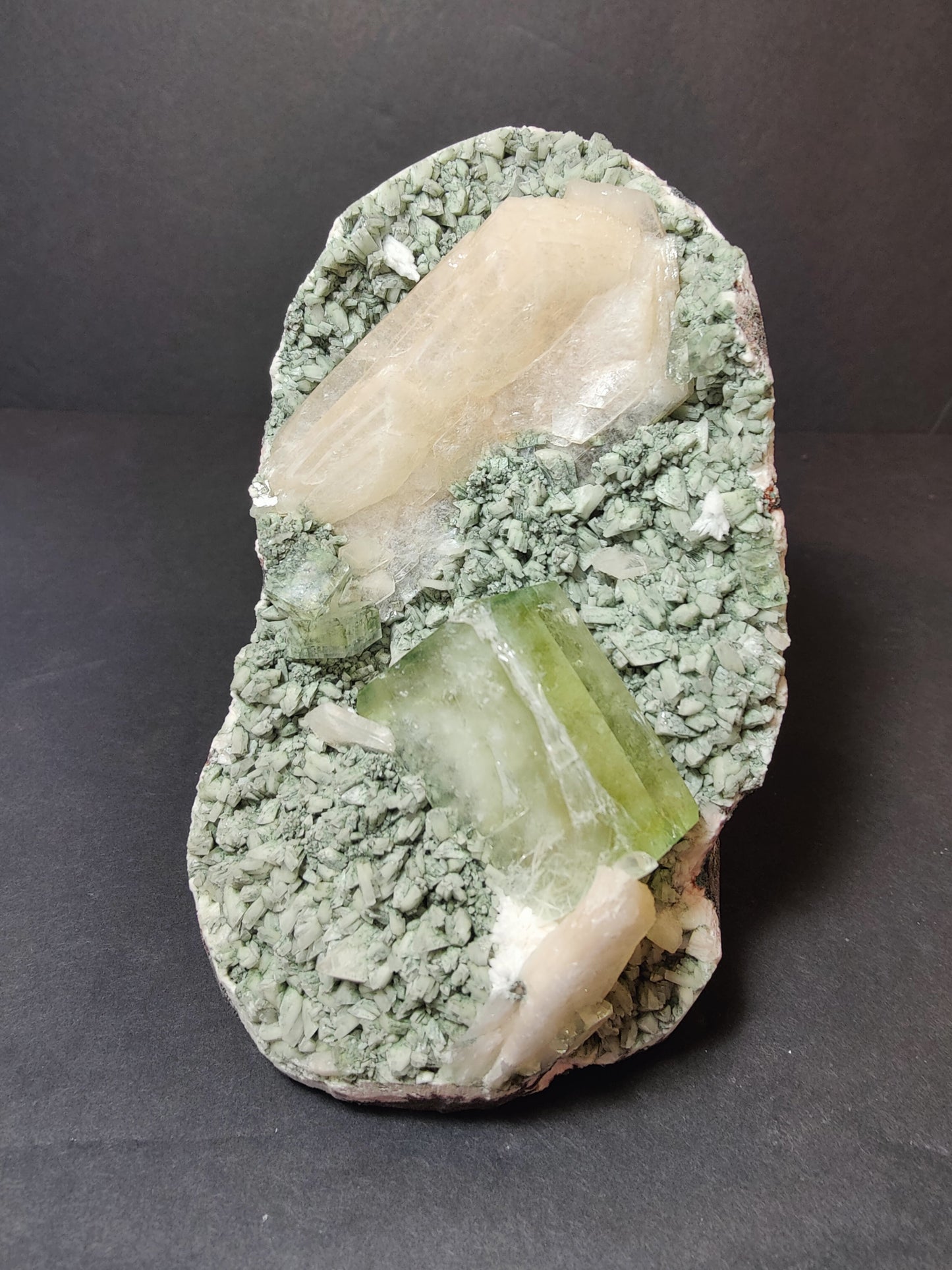 Green Apophyllite Cubes with Peach Stilbite on Heulandite Specimen 730g