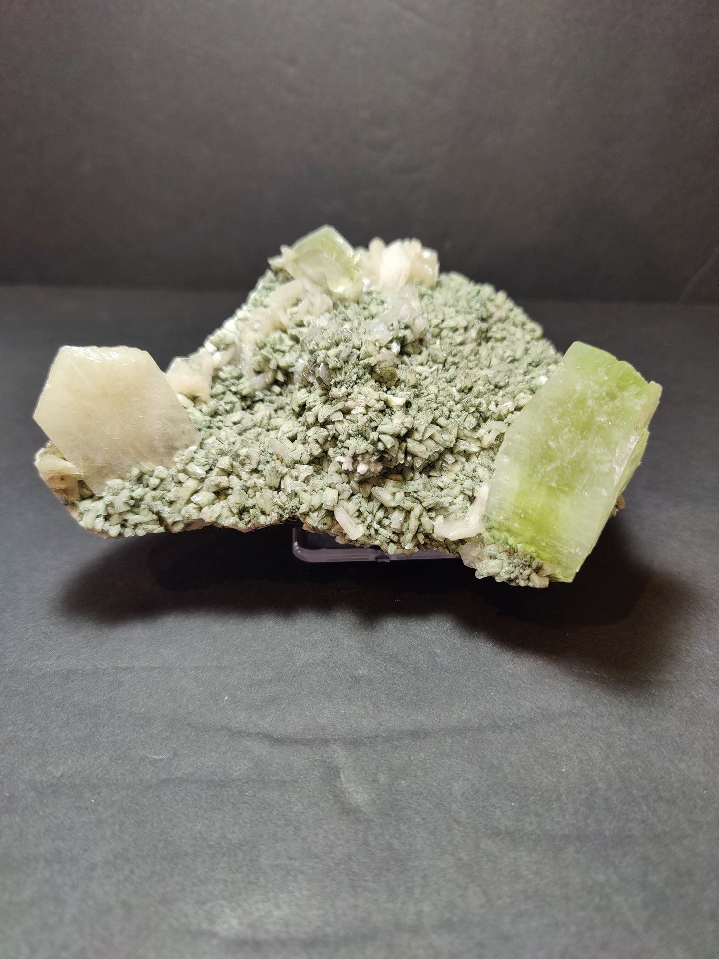 Green Apophyllite Cubes with Peach Stilbite on Heulandite Specimen 556g