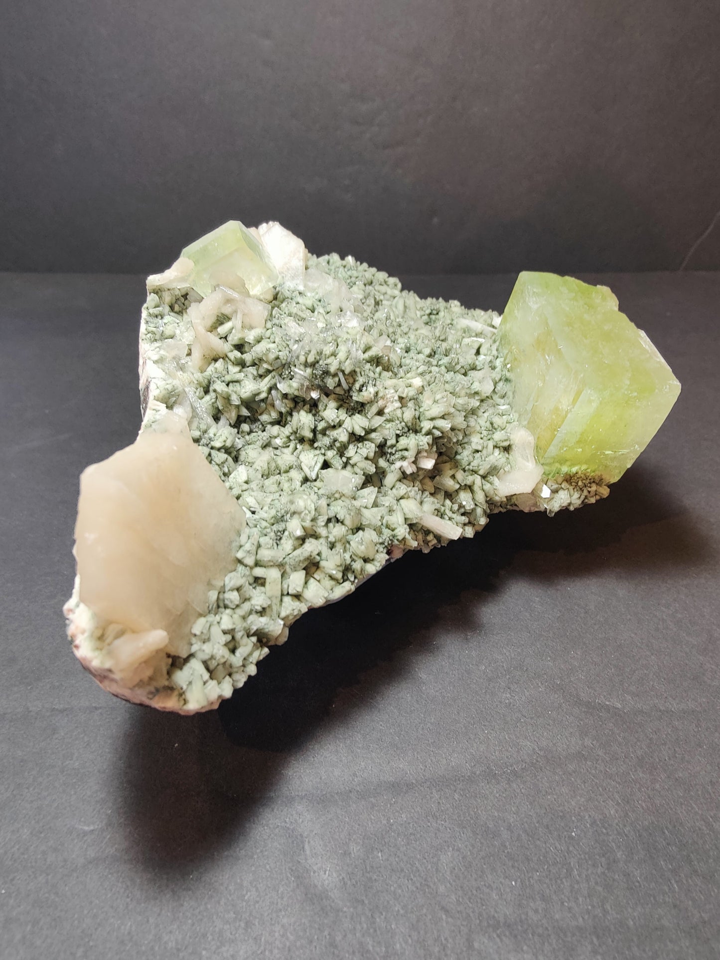 Green Apophyllite Cubes with Peach Stilbite on Heulandite Specimen 556g