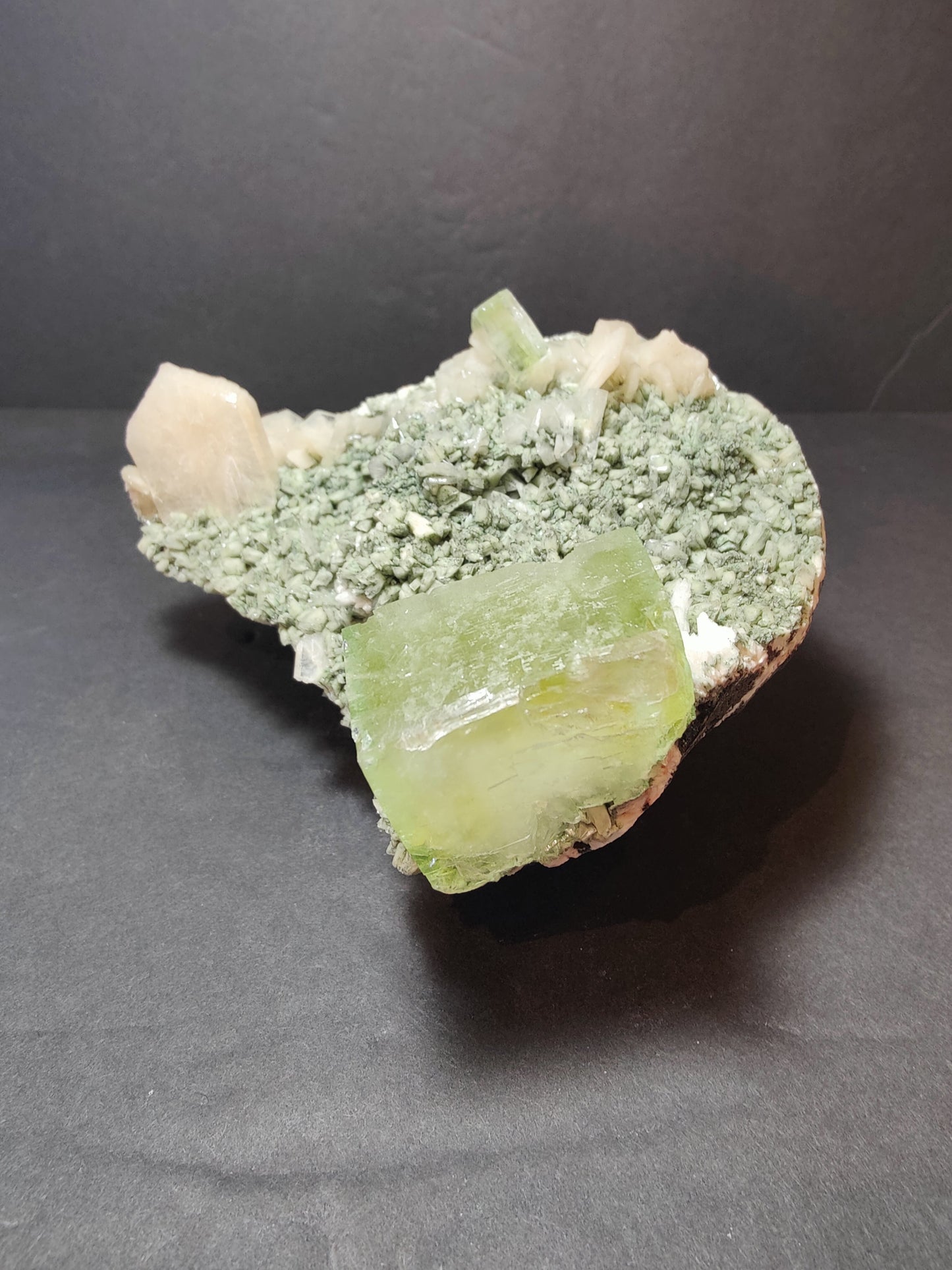 Green Apophyllite Cubes with Peach Stilbite on Heulandite Specimen 556g