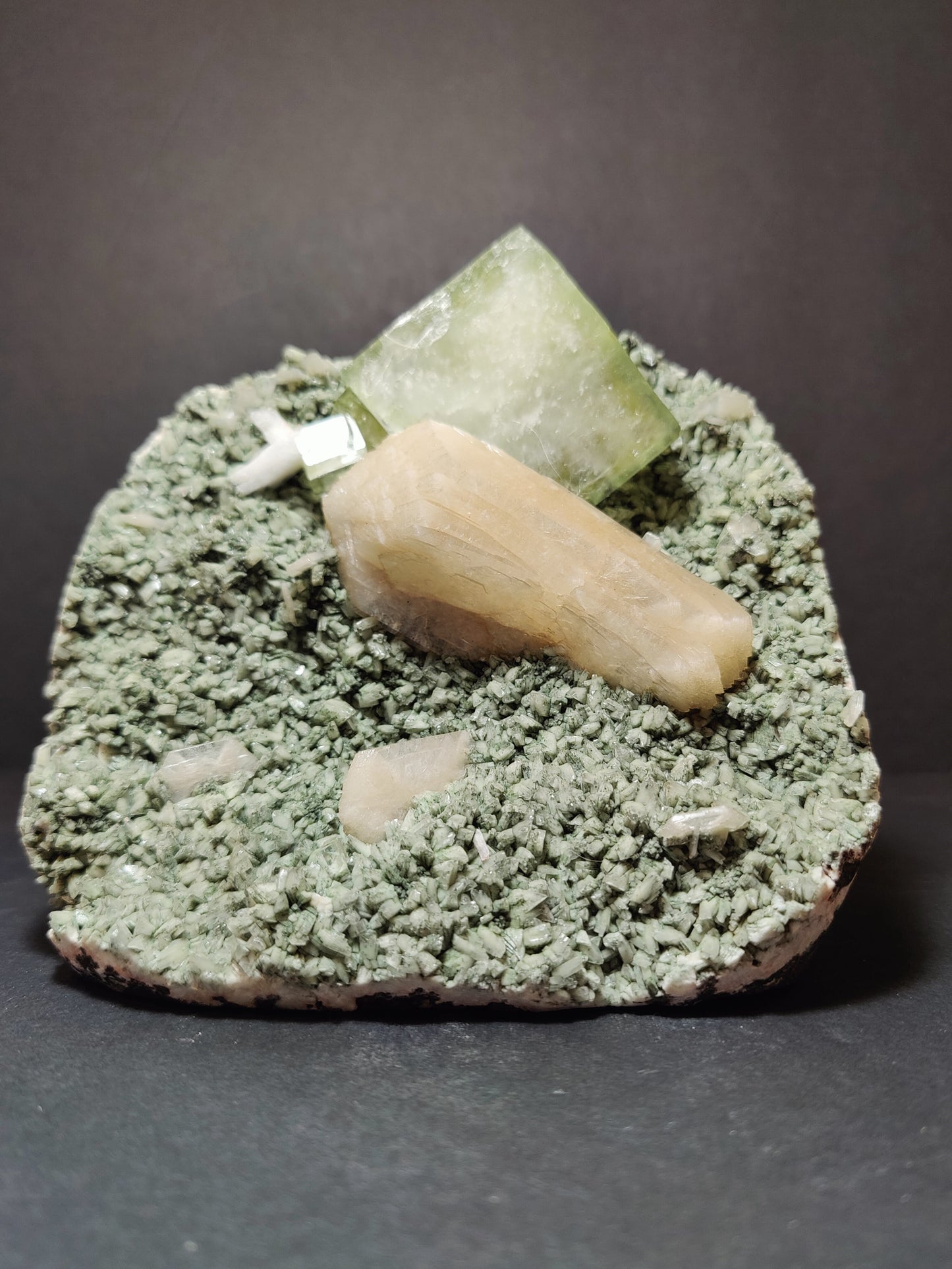 Green Apophyllite Cubes with Peach Stilbite on Heulandite Specimen 1,182g