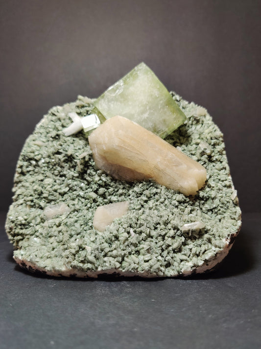 Green Apophyllite Cubes with Peach Stilbite on Heulandite Specimen 1,182g