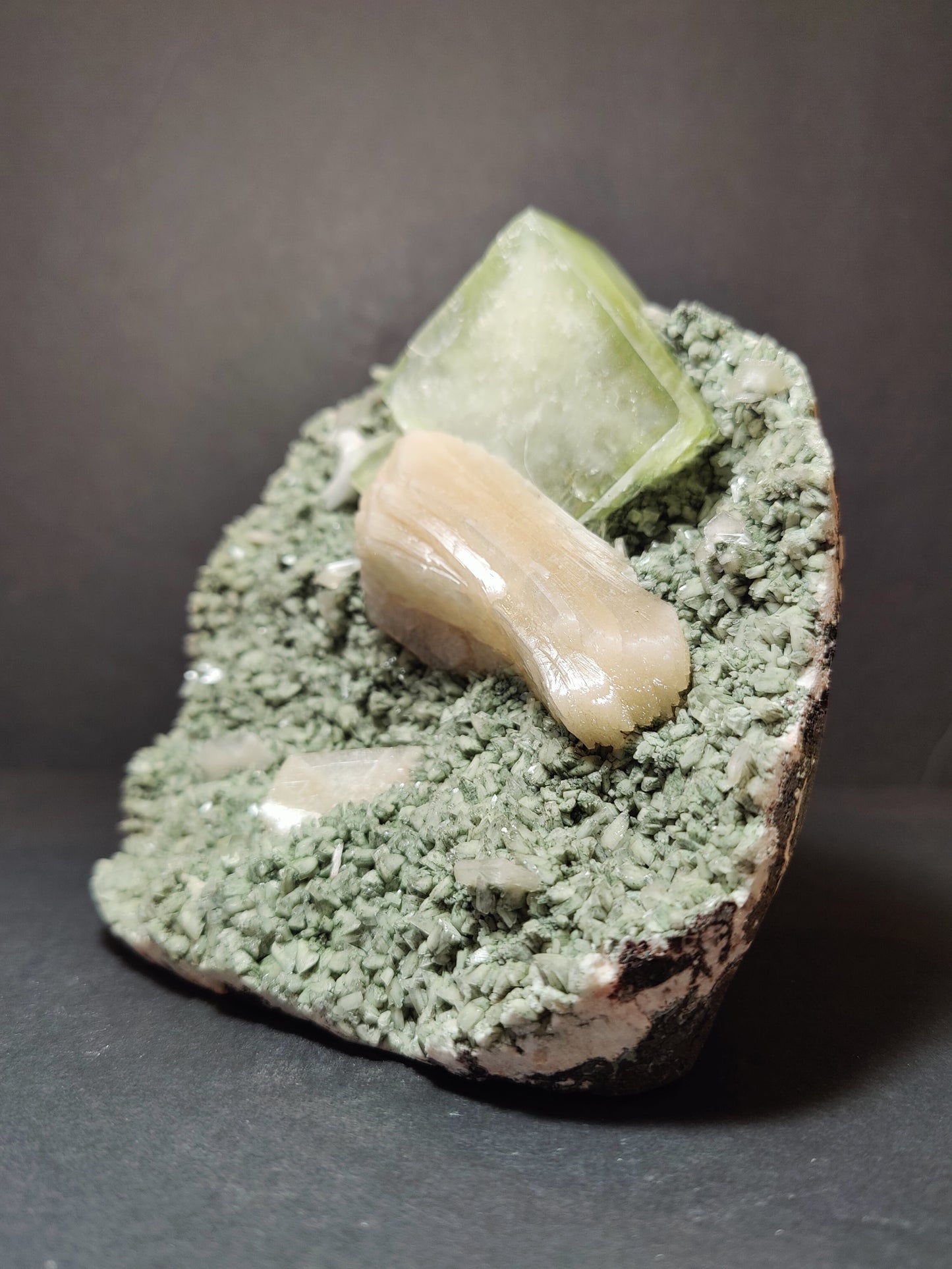 Green Apophyllite Cubes with Peach Stilbite on Heulandite Specimen 1,182g