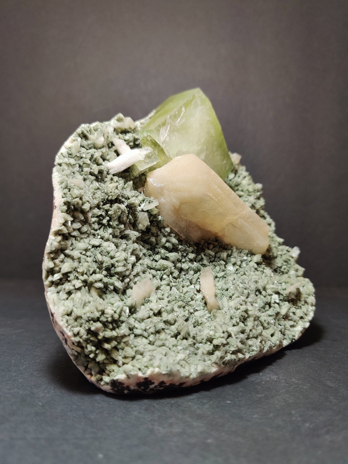 Green Apophyllite Cubes with Peach Stilbite on Heulandite Specimen 1,182g