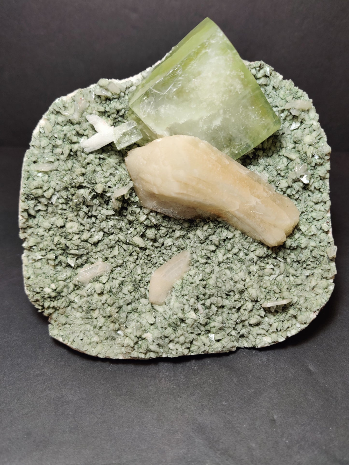 Green Apophyllite Cubes with Peach Stilbite on Heulandite Specimen 1,182g