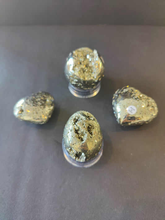 Polished Pyrite Spheres, Eggs, & Hearts