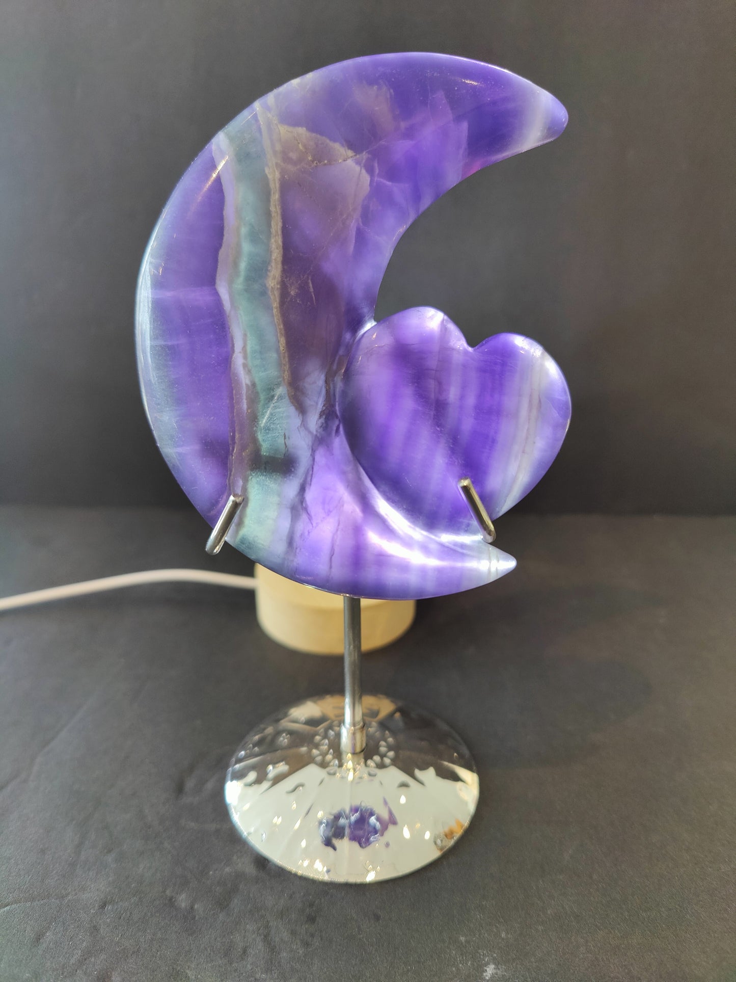 Purple Fluorite Half-Moon & Heart Sculpture on 5" Metal Stand