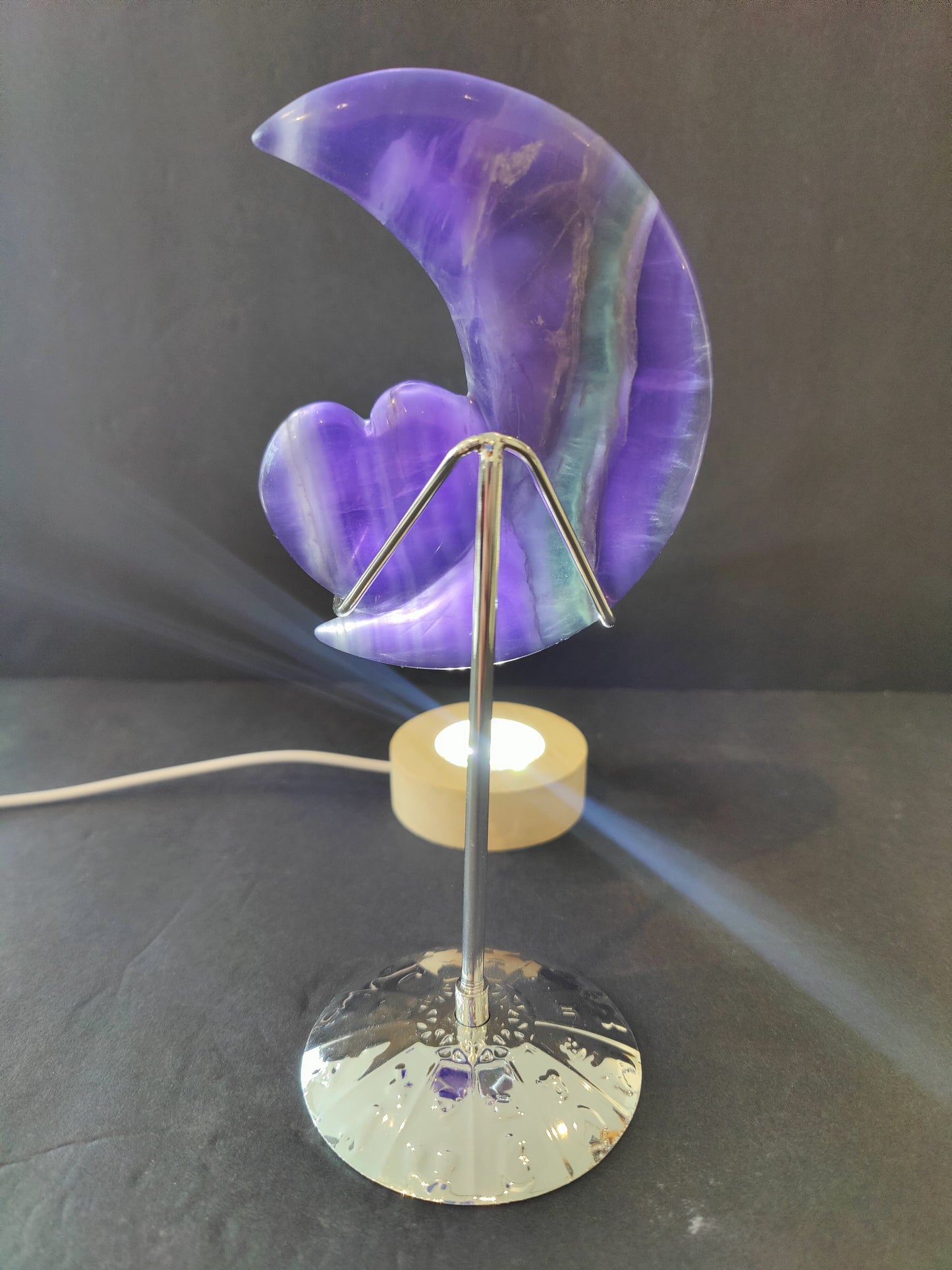 Purple Fluorite Half-Moon & Heart Sculpture on 5" Metal Stand