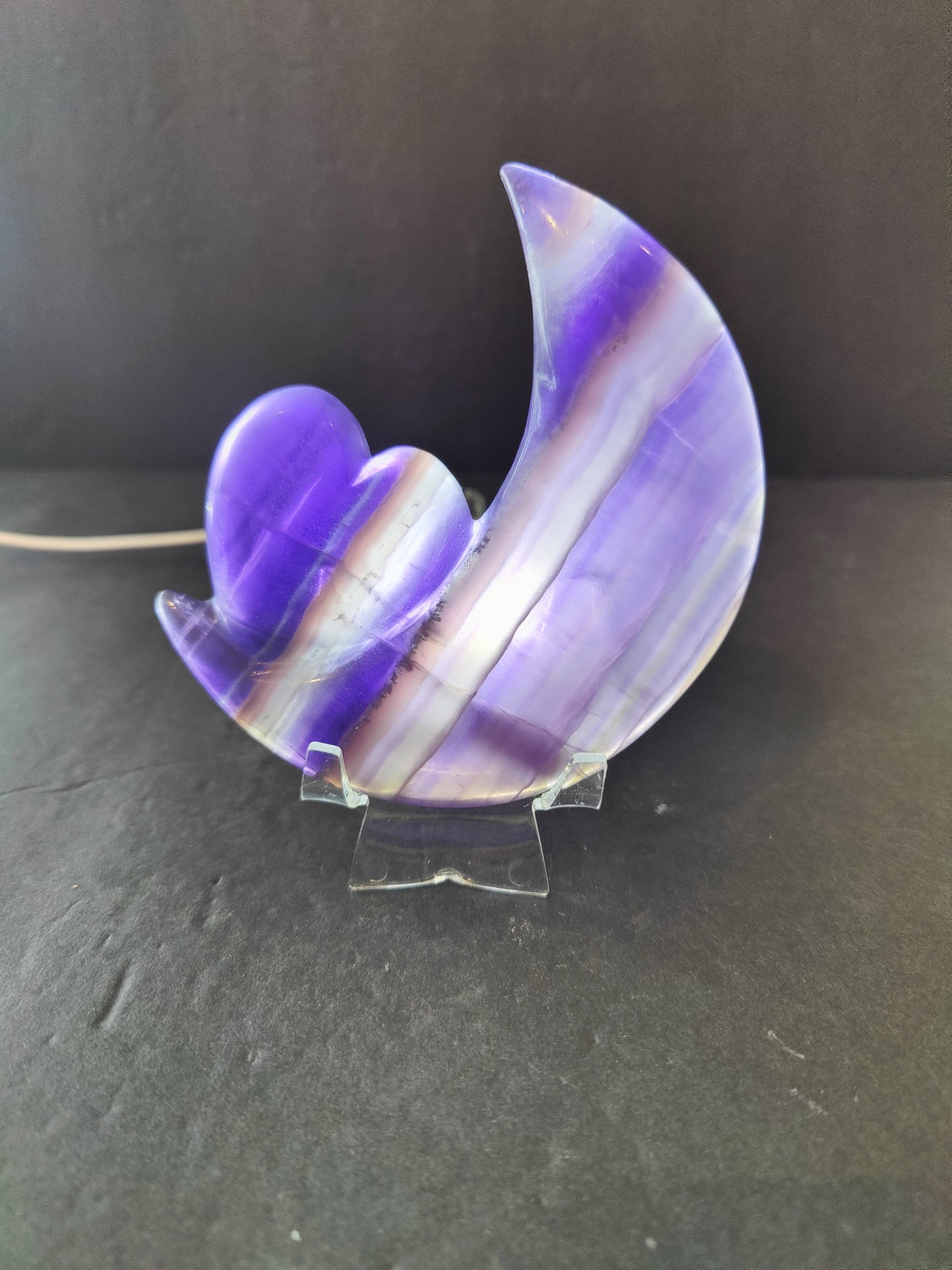 Purple Fluorite Half-Moon & Heart Sculpture on 5" Metal Stand