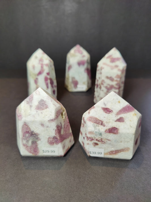 Rubellite (Pink Tourmaline) in Quartz Polished Obelisk Tower Sculpture
