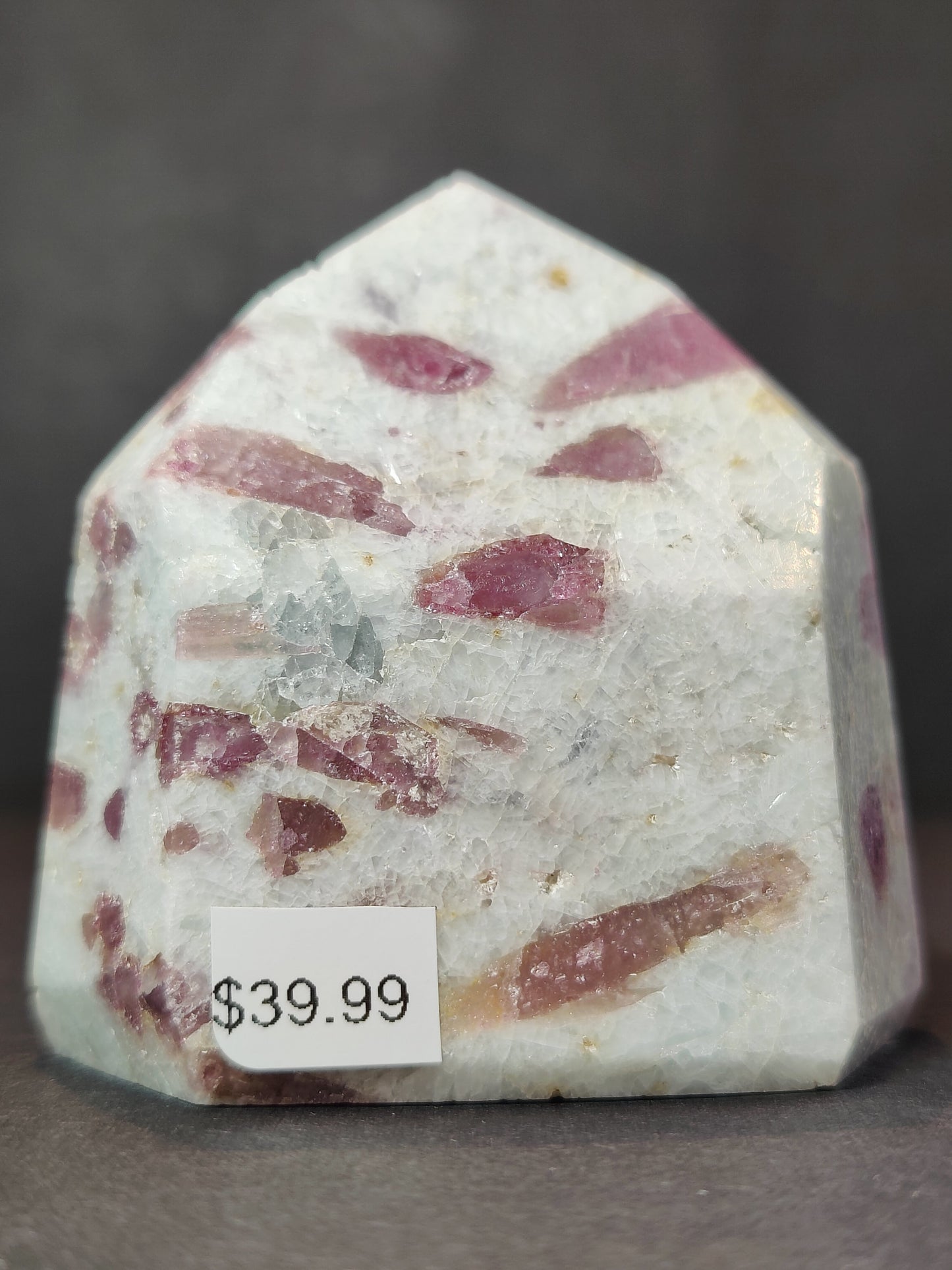 Rubellite (Pink Tourmaline) in Quartz Polished Obelisk Tower Sculpture