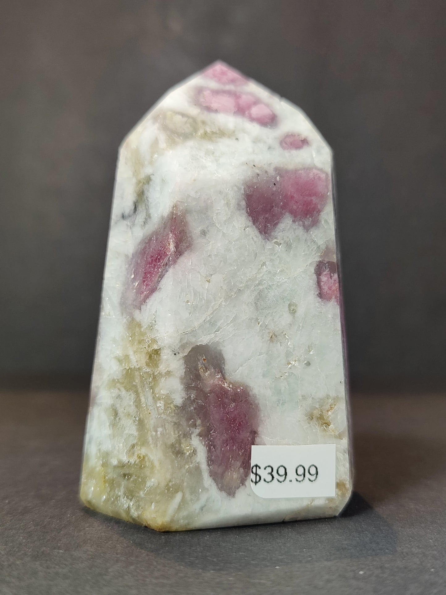 Rubellite (Pink Tourmaline) in Quartz Polished Obelisk Tower Sculpture