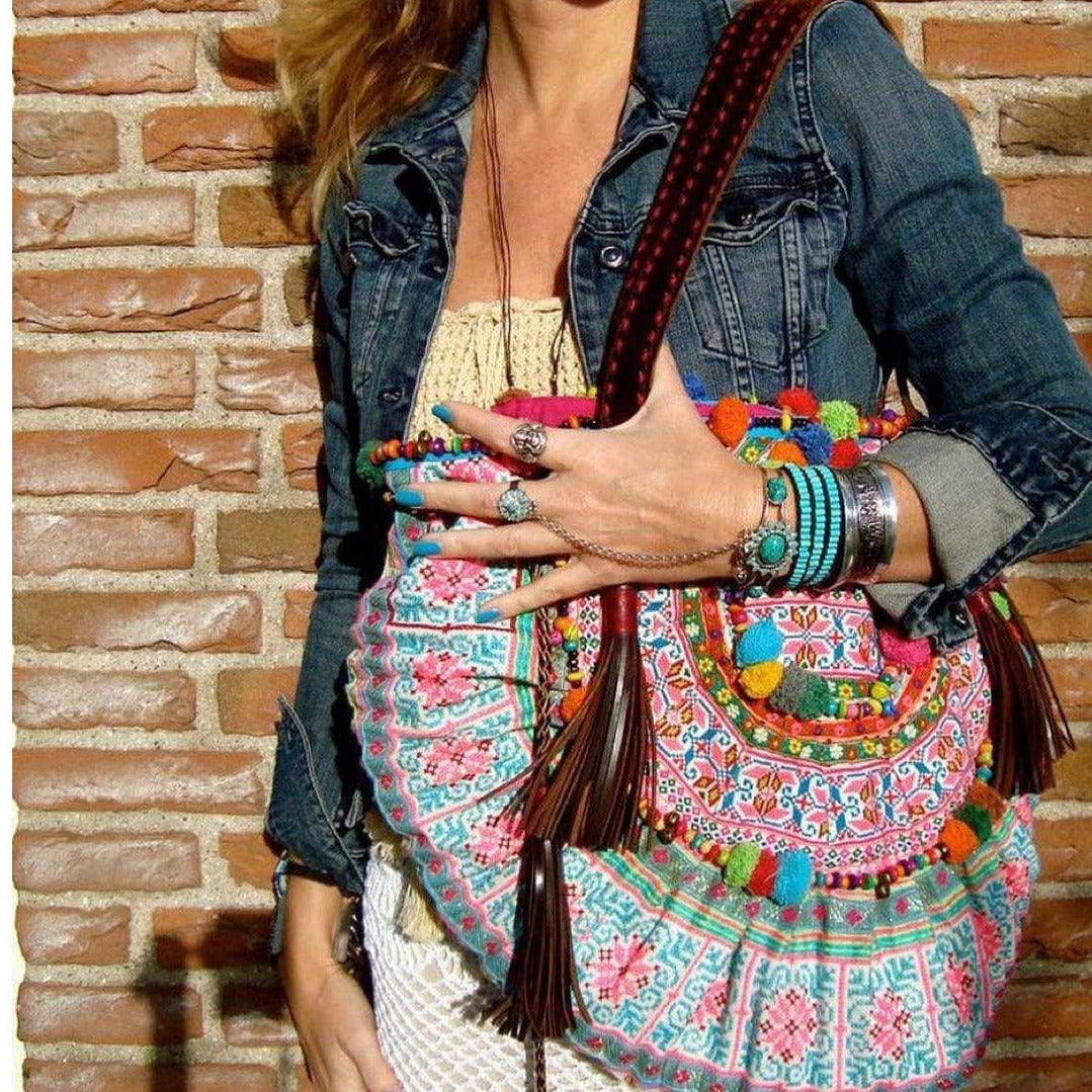 Embroidered Half Moon Ibiza Leather Tote Pom Pom Bag – Thailand